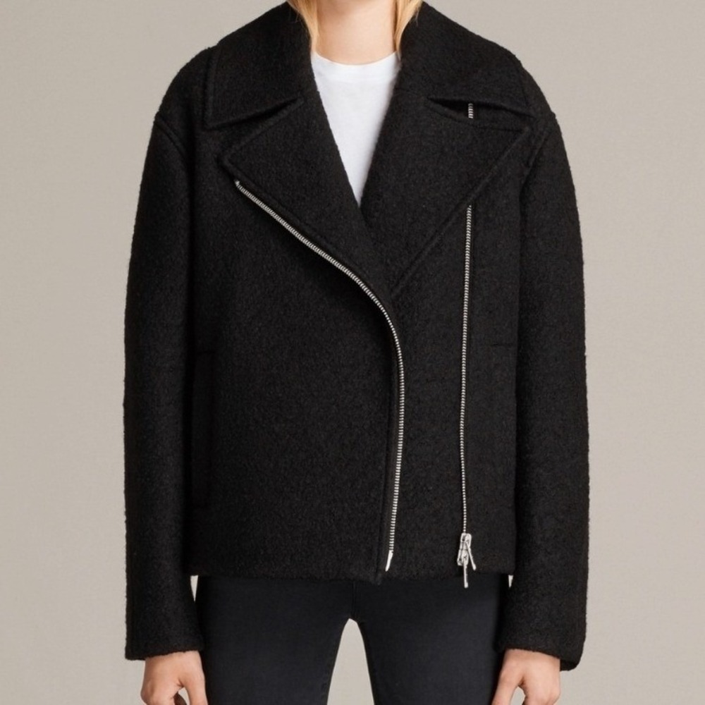AllSaints Remi Jacket women Small Black Excellent Wool Blend Biker Moto Coat
